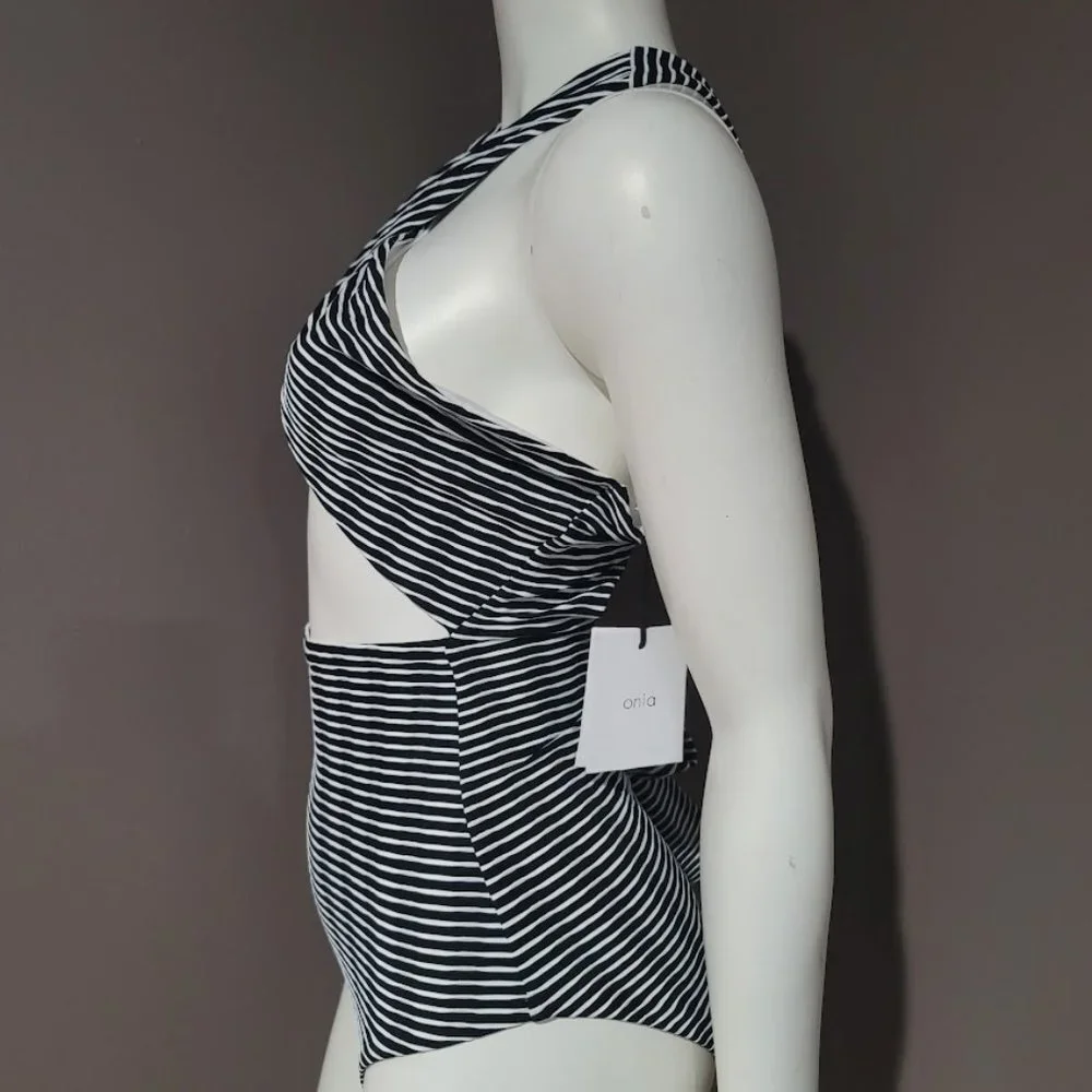 ONIA Striped Cindy Cross-Strap One Piece Cut out Swimsuit - Picture 2 of 9
